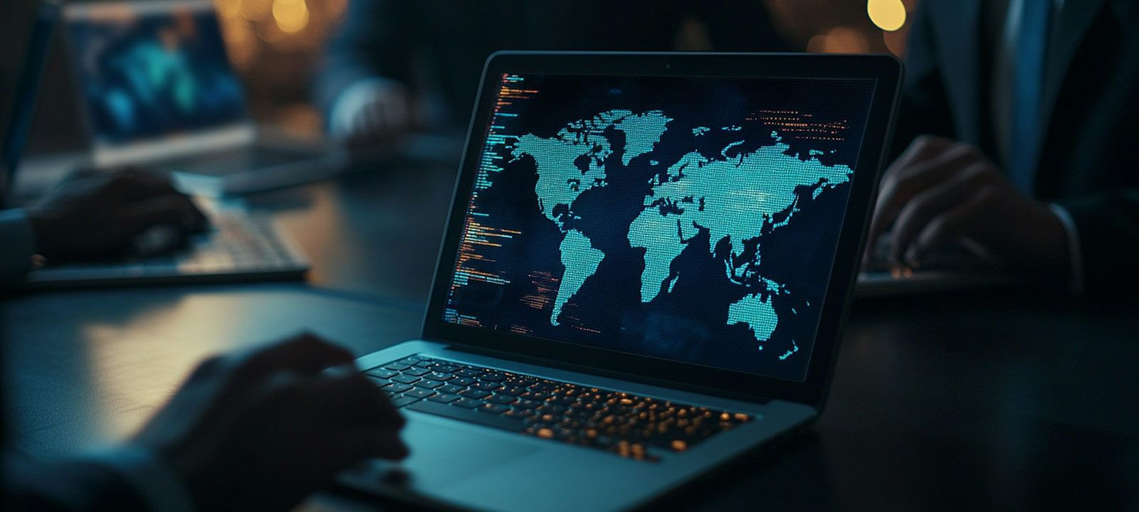 work on laptop with digital world map on the screen